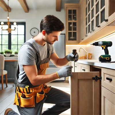 Handyman Repairing Kitchen Cabinet