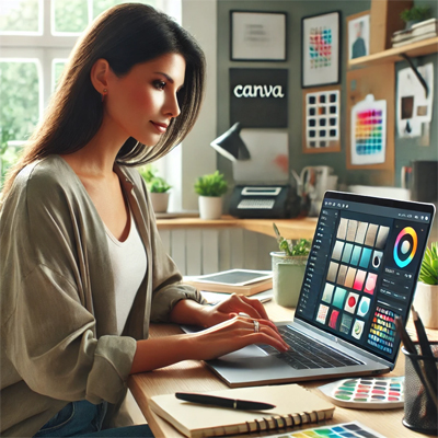 Woman Navigating Canva Website on Laptop in Home Office
