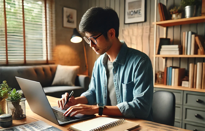 Man Working on Laptop and Writing in Journal at Home Office Desk by Window