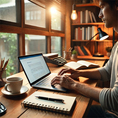 Man Writing Copy on Computer in Home Office