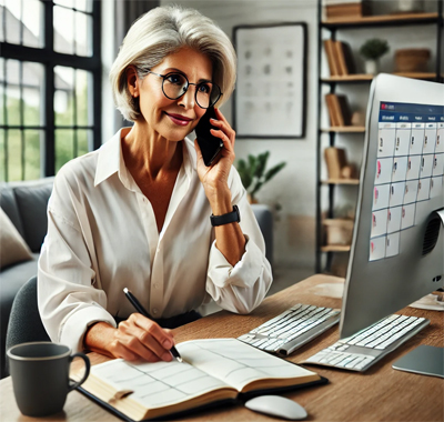 Woman on the Phone in Home Office with Notebook on Desk