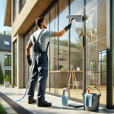 Man Washing Floor-to-Ceiling Windows with a Squeegee